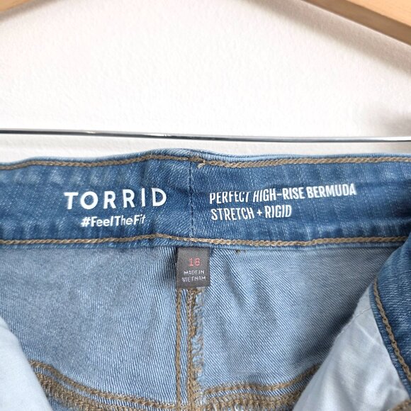 Torrid Distressed Perfect High-Rise Stretch + Rigid Bermuda Denim Shorts, Cutoff - Picture 6 of 12